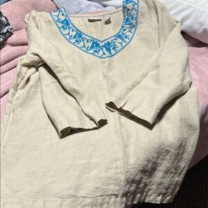 Chico's Cream Top with Blue Embroidery